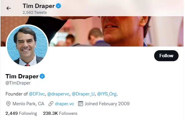 Tim Draper crypto twitter profile