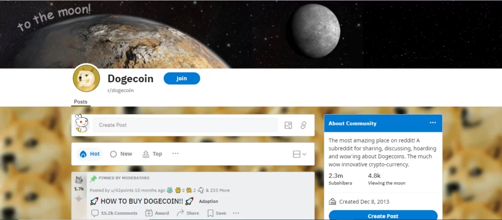 Most famous crypto subreddit is Dogecoin subreddit