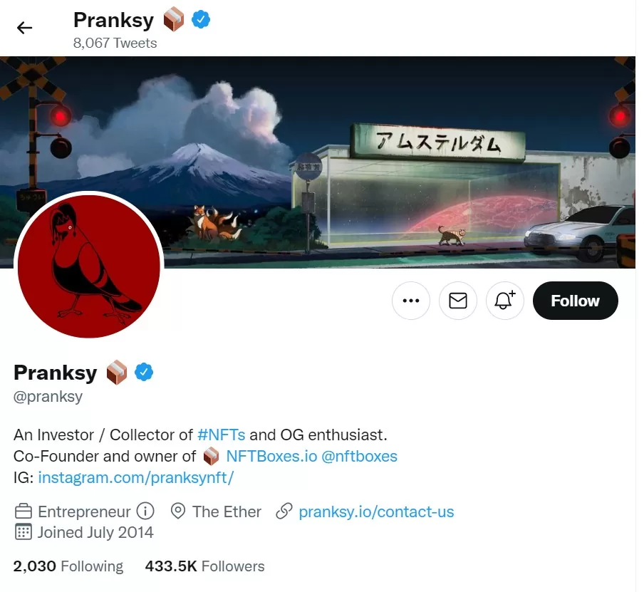 NFT influencers Pranksy twitter dashboard